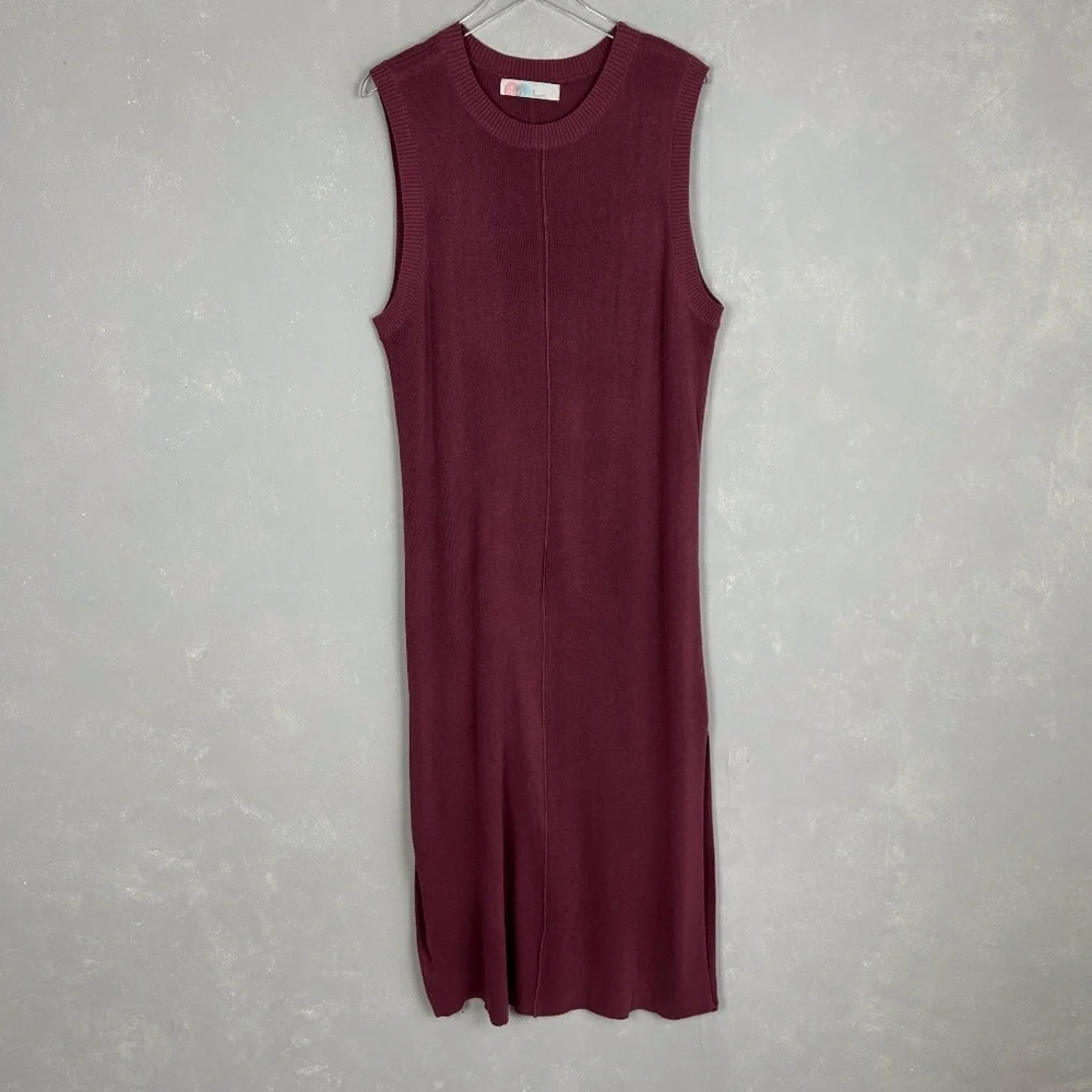Free People beach size L sleeveless ribbed maxi dress pink side slit crewneck - Picture 1 of 10